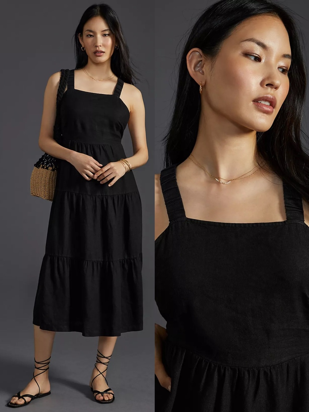 Anthropologie Cloth & Stone Cross-Back Linen Midi Dress in Black